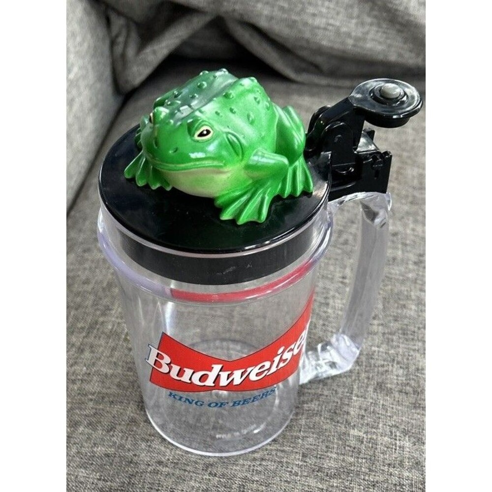 Budweiser Talking Frog Beer Mug Stein Plastic Flip Up Lid 1996 Vintage